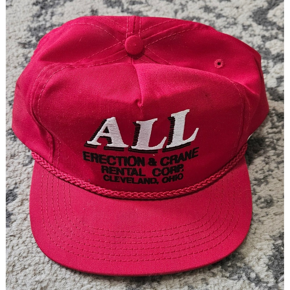 Vintage ALL Erection & Crane Rental Corp Trucker Hat Red Snapback Made in USA